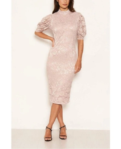 Shop Ax Paris Women's Mushroom Lace High Neck Puff Sleeve Midi Dress In Pink