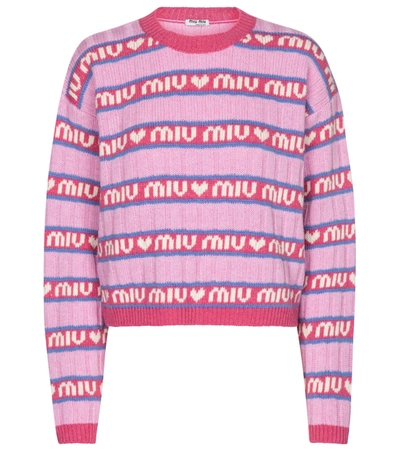 Miu Miu Logo Striped Virgin Wool Sweater In Pink