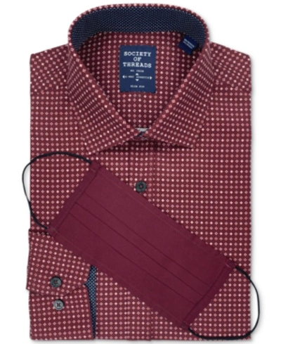 SOCIETY OF THREADS SOCIETY OF THREADS MEN'S SLIM-FIT NON-IRON PERFORMANCE STRETCH BURGUNDY GEO-PRINT DRESS SHIRT AND MA