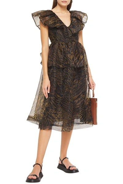 Ganni Ruffled Tiger-print Organza Peplum Midi Dress In Animal Print