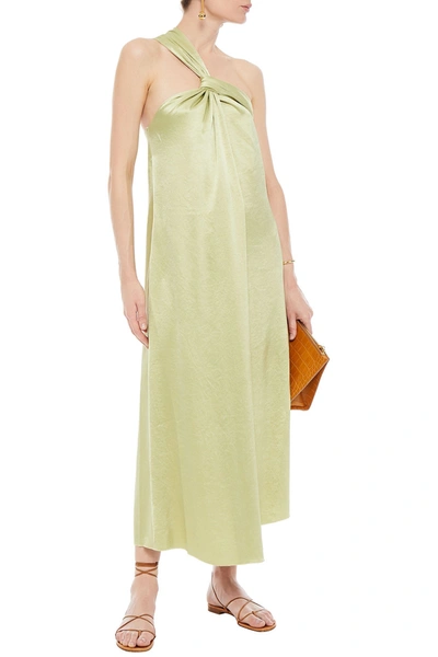 long green sleeveless dress Women Solid Green Cowl Neck Sleeveless Lace-Up Backless Thigh-High Slit  Flared Maxi Dress
