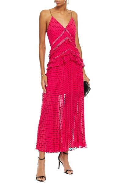 Self-portrait Crochet-trimmed Ruffled Fil Coup Georgette Maxi Dress In  Fuchsia