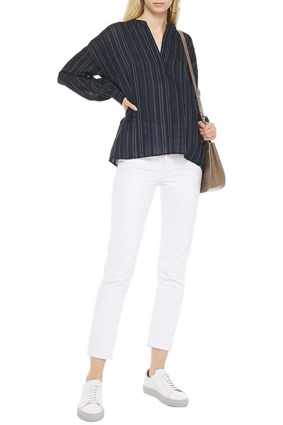 VINCE GATHERED STRIPED GAUZE TOP