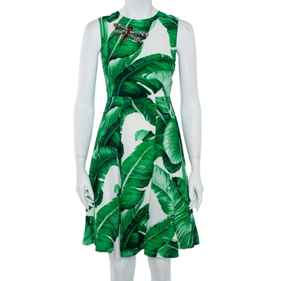 DOLCE & GABBANA WHITE & GREEN BANANA LEAF PRINT LIBELLULA DETAIL SHORT DRESS XS