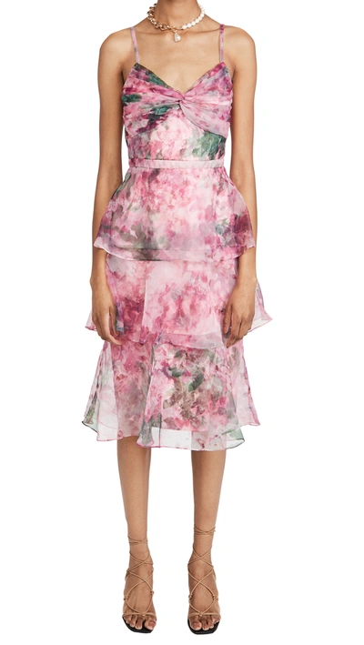 MARCHESA NOTTE SLEEVELESS FLORAL ORGANZA TEA LENGTH GOWN