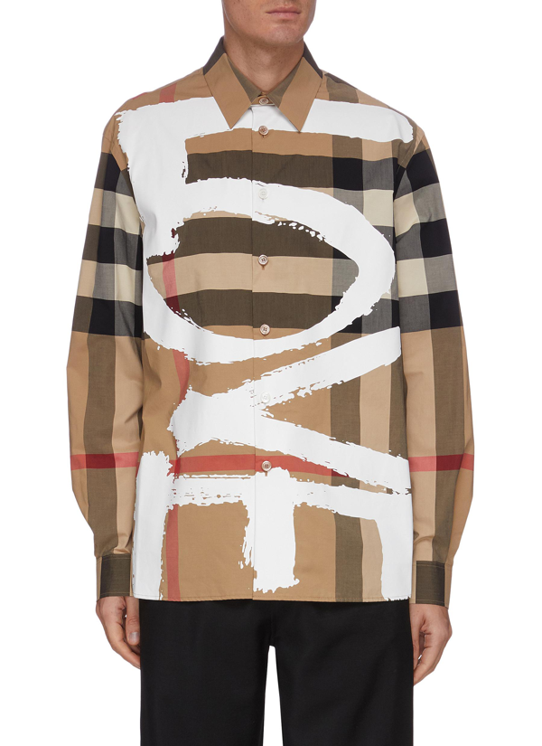 Shop Burberry 'tavistock' Love Graffiti Print Plaid Shirt In Multi-colour