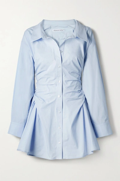 Alexander Wang T Gathered Cotton-poplin Mini Shirt Dress In Light Blue