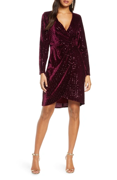 JULIA JORDAN VELVET SEQUIN LONG SLEEVE FAUX WRAP DRESS