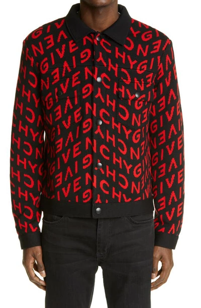 美品❗️GIVENCHY 21SS Refracted Logo Cardigan Givenchy Refracted Logo Jacquard Wool Sweater Jacket In Black/red