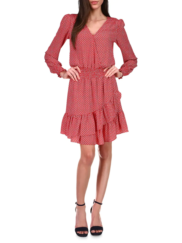 Shop Michael Michael Kors Mini Bicolor-print Peasant Dress In Crimson