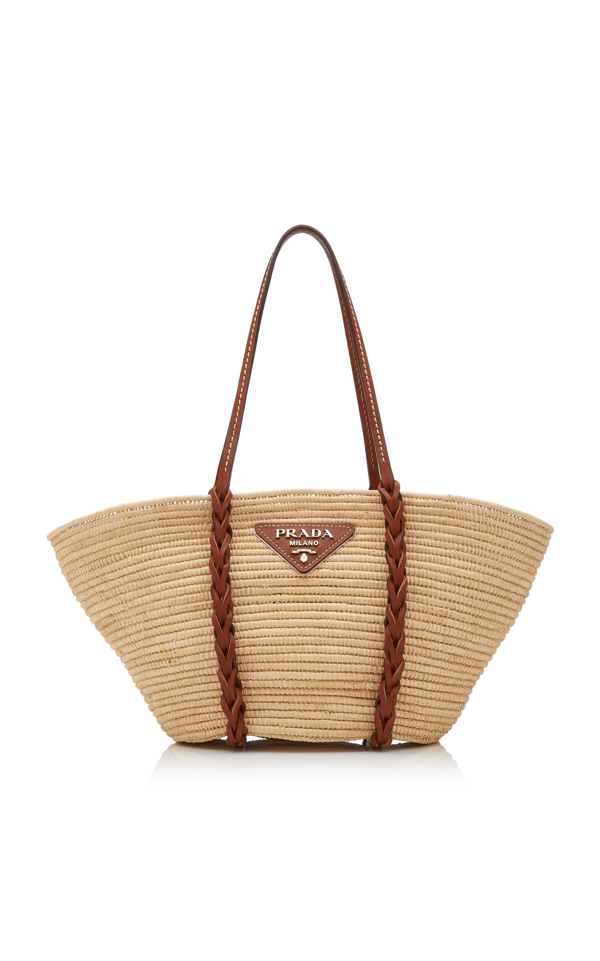 Shop Prada Leather-trimmed Straw Tote Bag In Neutral