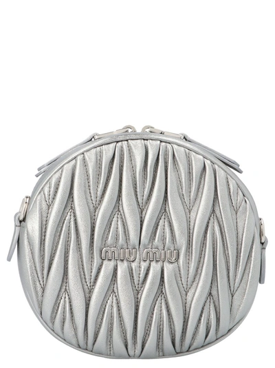 Shop Miu Miu Matelasse Quilted Mini Round Crossbody Bag In Silver
