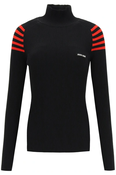 Miu Miu Turtleneck Sweater With Stripes In Nero Rosso (black)