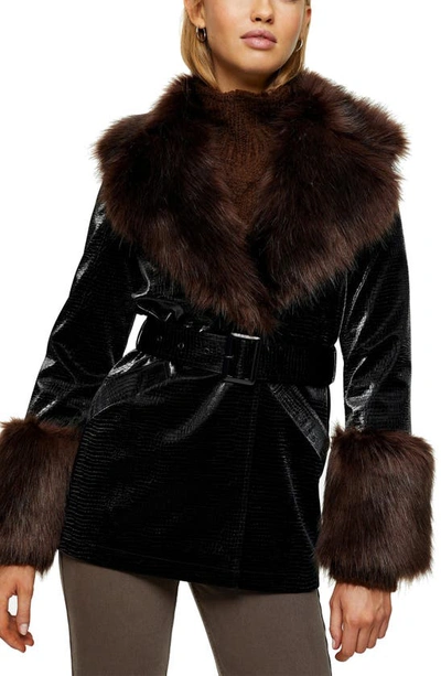 Shop Topshop Croc Embossed Vinyl Jacket With Faux Fur Trim In Dark Brown