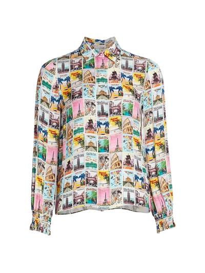 ALICE AND OLIVIA WILLA SMOCKED-CUFF POSTCARD PRINTED SHIRT
