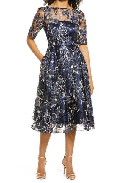 ELIZA J ELIZA J SEQUIN FLORAL EMBROIDERY FIT & FLARE COCKTAIL MIDI DRESS