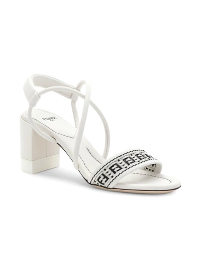 Shop Fendi Raffia Strap Leather Block heel Sandals In Bianco