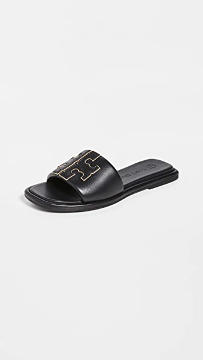 TORY BURCH DOUBLE T SPORT SLIDES PERFECT BLACK/GOLD