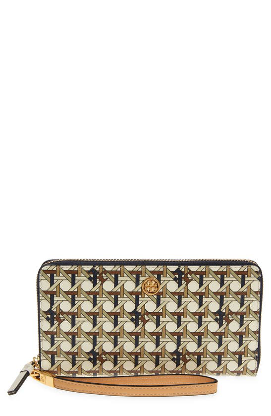 Shop Tory Burch Robinson Coated Leather Continental Wallet In Ivory Caning  Logo Geo