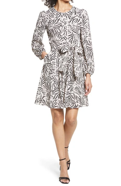 ELIZA J LEAF PRINT PEBBLE CREPE LONG SLEEVE FIT & FLARE DRESS