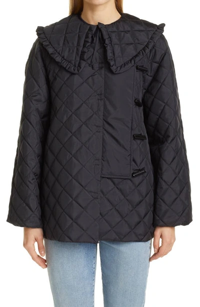 GANNI QUILTED RECYCLED RIPSTOP JACKET WITH REMOVABLE RUFFLE COLLAR