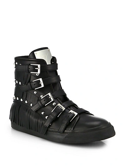 GIUSEPPE ZANOTTI Studded Leather Buckle & Fringe High-Top Sneakers