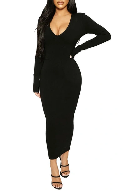 NAKED WARDROBE SNATCHED V-NECK LONG SLEEVE MIDI DRESS