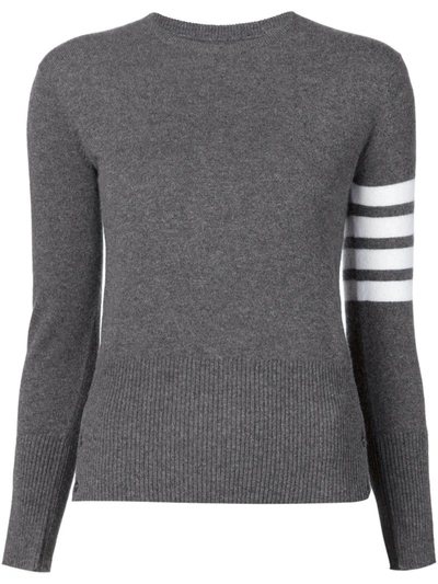 THOM BROWNE CREW NECK PULLOVER WITH WHITE 4-BAR STRIPE IN GREY CASHMERE