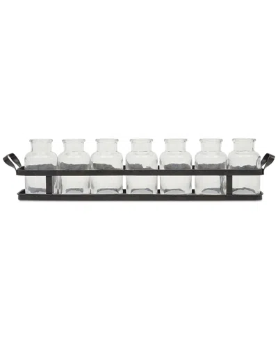 3R STUDIO 7 GLASS BOTTLES ON A RECTANGLE METAL TRAY WITH HANDLES, CLEAR AND BLACK, SET OF 8