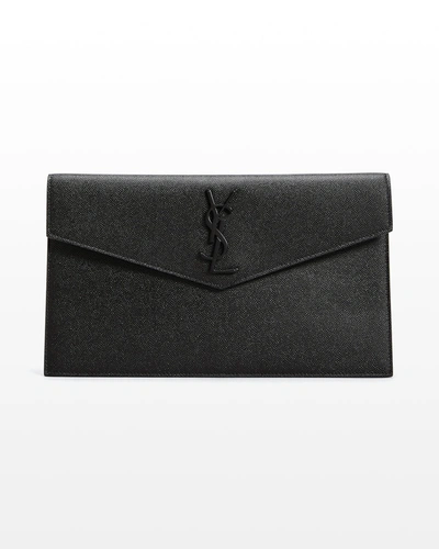 SAINT LAURENT UPTOWN YSL POUCH WALLET IN GRAIN DE POUDRE EMBOSSED LEATHER - BLACK HARDWARE