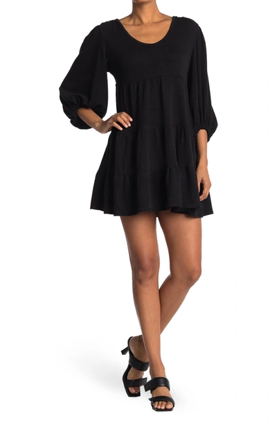 Shop Max Studio Rib Knit Elbow Sleeve Tiered Mini Dress In Black