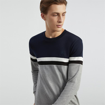 DANIEL HECHTER 【100%棉】法国丹尼爱特圆领卫衣套头条纹撞色男士长袖T恤
