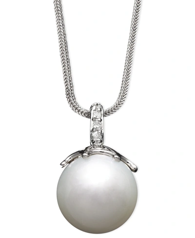 MACY'S 14K WHITE GOLD NECKLACE, CULTURED SOUTH SEA PEARL (14MM) AND DIAMOND ACCENT PENDANT