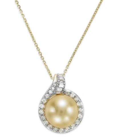 MACY'S 14K GOLD GOLDEN SOUTH SEA (12MM) AND DIAMOND (1/2 CT. T.W.) PENDANT NECKLACE
