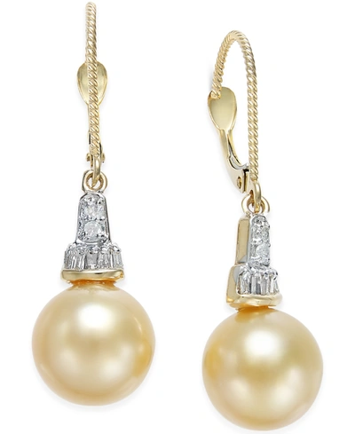 MACY'S CULTURED GOLDEN SOUTH SEA PEARL (10MM) AND DIAMOND (1/4 CT. T.W.) DROP EARRINGS IN 14K GOLD