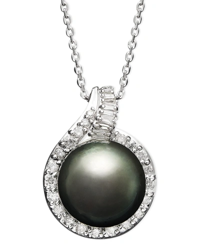 MACY'S 14K WHITE GOLD NECKLACE, CULTURED TAHITIAN PEARL (12MM) AND DIAMOND (1/2 CT. T.W.) PENDANT