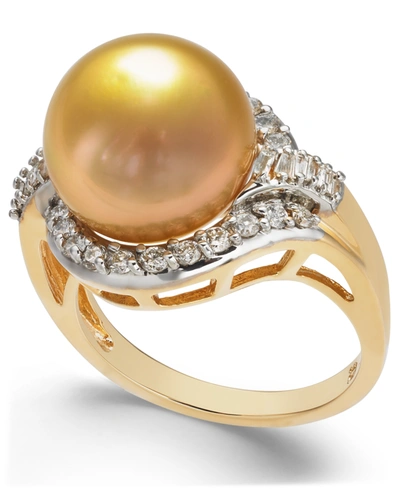 MACY'S CULTURED GOLDEN SOUTH SEA PEARL (12MM) AND DIAMOND (5/8 CT. T.W.) RING IN 14K GOLD