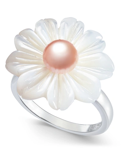 MACY'S PINK CULTURED FRESHWATER BUTTON PEARL (6MM) & MOTHER-OF-PEARL FLOWER STATEMENT RING IN STERLING SILV