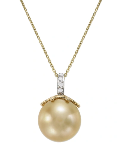 MACY'S 14K GOLD GOLDEN SOUTH SEA PEARL (14MM) AND DIAMOND ACCENT CROWN PENDANT NECKLACE