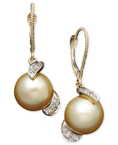 MACY'S 14K GOLD EARRINGS, CULTURED GOLDEN SOUTH SEA PEARL (9MM) AND DIAMOND (1/5 CT. T.W.) DROP EARRINGS