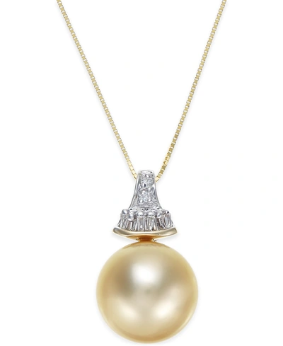 MACY'S CULTURED GOLDEN SOUTH SEA PEARL (12MM) AND DIAMOND (1/8 CT. T.W.) PENDANT NECKLACE IN 14K GOLD
