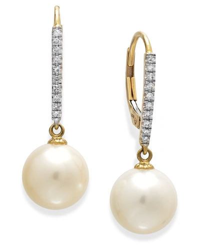 MACY'S CULTURED FRESHWATER PEARL (10MM) AND DIAMOND (1/10 CT.T.W) LEVERBACK EARRINGS IN 14K WHITE GOLD (ALS
