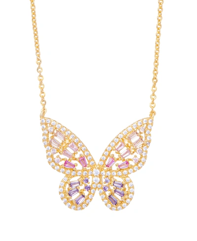 MACY'S CUBIC ZIRCONIA RED OMBRE BUTTERFLY PENDANT 18" NECKLACE IN SILVER PLATE, GOLD OR ROSE GOLD PLATE