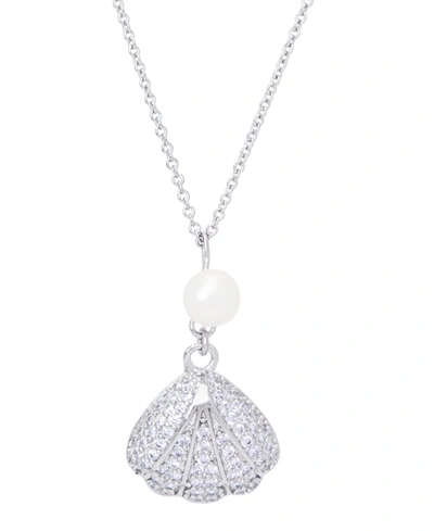 MACY'S GENUINE FRESHWATER PEARL CUBIC ZIRCONIA SEASHELL PENDANT 18" NECKLACE IN SILVER PLATE