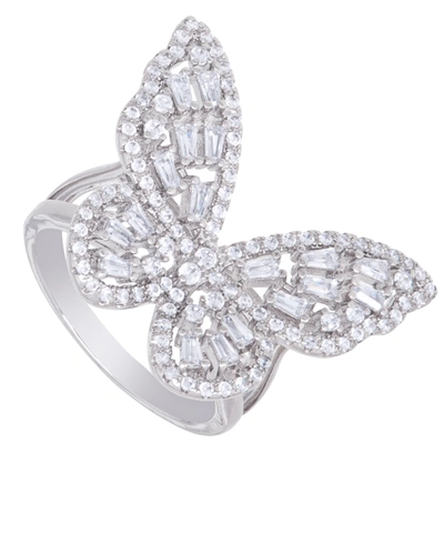 MACY'S CUBIC ZIRCONIA BAGUETTE AND ROUND STONE BUTTERFLY RING IN SILVER PLATE