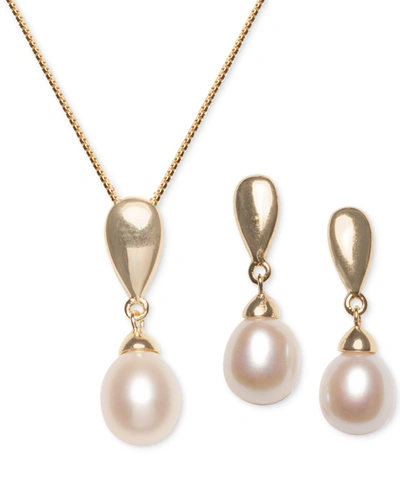 MACY'S 2-PC. SET CULTURED FRESHWATER PEARL (7 X 9MM) PENDANT NECKLACE & MATCHING DROP EARRINGS IN 18K GOLD-