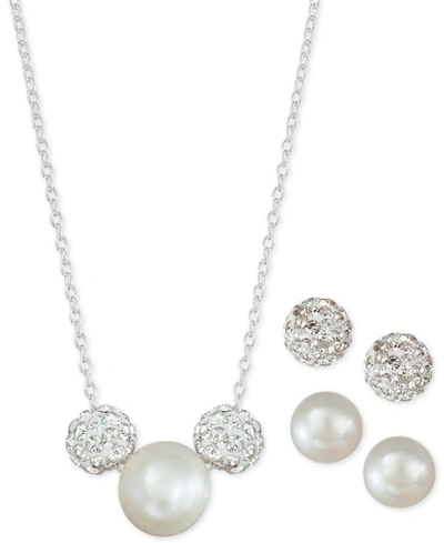 MACY'S 3-PC. SET CULTURED FRESHWATER PEARL & CRYSTAL FIREBALLS PENDANT NECKLACE & 2-PR. MATCHING STUD EARRI