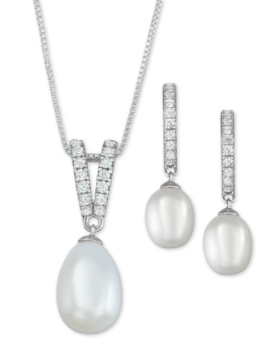MACY'S CULTURED FRESHWATER PEARL (9 X 10MM & 7 X 9MM) & CUBIC ZIRCONIA JEWELRY SET IN STERLING SILVER