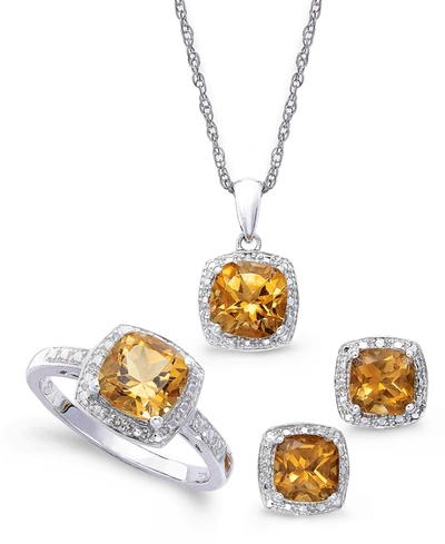 MACY'S STERLING SILVER JEWELRY SET, CITRINE (4-3/4 CT. T.W.) AND DIAMOND ACCENT NECKLACE, EARRINGS AND RING