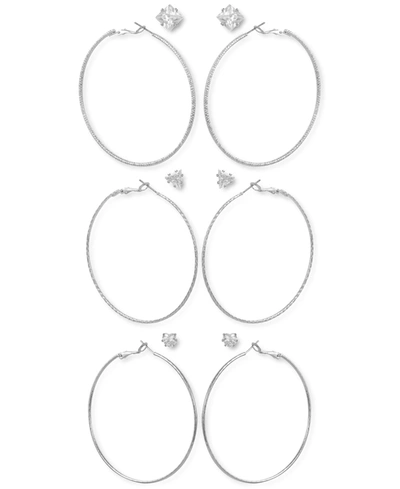 GUESS SILVER-TONE 6-PC. SET MIXED CRYSTAL STUD & TEXTURED HOOP EARRINGS